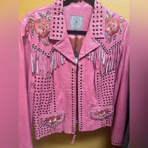 Pink Double D Ranch leather fringe jacket